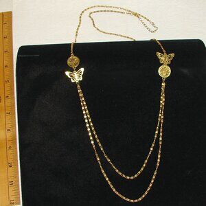 Gold Tone Double Chain Cocktail NECKLACE, 40", Butterfly Accents, Vtg 90's  E15